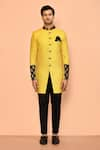 Shop_Aryavir Malhotra_Yellow Sherwani Jacquard Printed Floral Placement Set _Online_at_Aza_Fashions