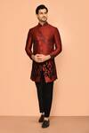 Buy_Aryavir Malhotra_Maroon Sherwani Jacquard Embroidered Floral Velvet Applique Set_at_Aza_Fashions