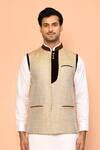 Shop_Aryavir Malhotra_Beige Jute Textured Nehru Jacket _Online_at_Aza_Fashions