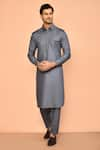 Buy_Aryavir Malhotra_Grey Cotton Plain Pathani Kurta Set _at_Aza_Fashions