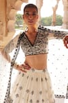 Buy_PREEVIN_White Blouse And Lehenga Cotton Mulmul Embroidered Thread Foliage Set  _at_Aza_Fashions