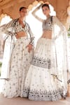Shop_PREEVIN_White Blouse And Lehenga Cotton Mulmul Embroidered Foliage Floral Set _at_Aza_Fashions