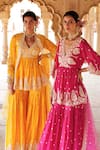 Shop_PREEVIN_Pink Peplum Kurta And Sharara Cotton Mulmul Mirrorwork Embellished Floral Set _at_Aza_Fashions