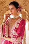 PREEVIN_Pink Peplum Kurta And Sharara Cotton Mulmul Mirrorwork Embellished Floral Set _Online_at_Aza_Fashions