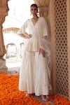 Buy_PREEVIN_Off White Mulmul Embroidered Thread V Neck Peplum Kurta Sharara Set  _at_Aza_Fashions