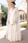 Buy_PREEVIN_Off White Cotton Mulmul Embroidered Lace Thread Angarkha Sharara Set  _at_Aza_Fashions