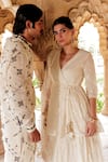 Buy_PREEVIN_Off White Cotton Mulmul Embroidered Lace Thread Angarkha Sharara Set  _Online_at_Aza_Fashions