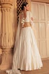 Shop_PREEVIN_Off White Cotton Mulmul Embroidered Lace V Neck Mirror Tiered Lehenga Set _at_Aza_Fashions