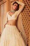 PREEVIN_Off White Cotton Mulmul Embroidered Lace V Mirror Tiered Lehenga Set _Online_at_Aza_Fashions