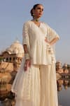 Buy_PREEVIN_Off White Cotton Mulmul Embroidered Lace Mirror Angarkha Sharara Set _at_Aza_Fashions