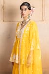 PREEVIN_Orange Cotton Mulmul Embroidered Lace Mirror Peplum Kurta Sharara Set  _Online_at_Aza_Fashions