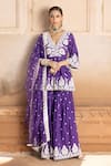 Buy_PREEVIN_Purple Cotton Mulmul Embroidered Mirror Work Peplum Kurta Sharara Set  _at_Aza_Fashions