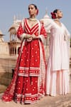 Buy_PREEVIN_Red Cotton Mulmul Embroidered Lace Thread And Mirror Kurta Lehenga Set  _at_Aza_Fashions