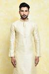Shop_Samyukta Singhania_Beige Art Silk Embroidery Thread Work Kurta And Churidar Set _Online_at_Aza_Fashions