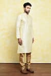 Samyukta Singhania_Beige Art Silk Embroidery Thread Work Kurta And Churidar Set _at_Aza_Fashions
