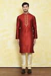 Buy_Samyukta Singhania_Red Art Silk Embroidery Thread Floral Work Kurta Set _Online_at_Aza_Fashions