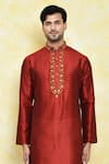Shop_Samyukta Singhania_Red Art Silk Embroidery Thread Floral Work Kurta Set _Online_at_Aza_Fashions