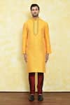 Buy_Samyukta Singhania_Yellow Art Silk Embroidered Thread Collar Kurta And Churidar Set _Online_at_Aza_Fashions