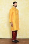 Samyukta Singhania_Yellow Art Silk Embroidered Thread Collar Kurta And Churidar Set _at_Aza_Fashions