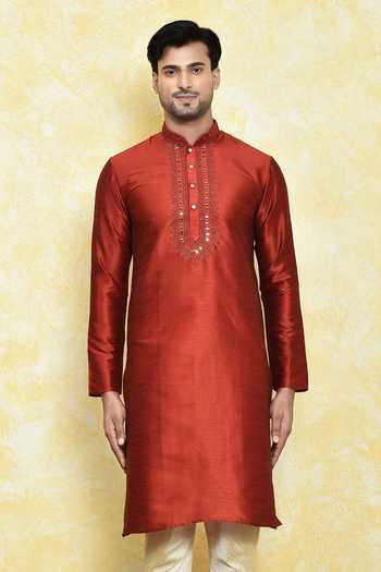 Cotton Straight Fit Kurta with Pintucks, Block Print on Sleeves and Placket with Mirror Embellishments