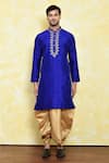 Shop_Samyukta Singhania_Blue Silk Embroidery Flora Placket Kurta With Dhoti Pant _Online_at_Aza_Fashions