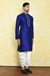 Samyukta Singhania_Blue Art Silk Iris Placket Embroidered Kurta With Dhoti Pant _at_Aza_Fashions