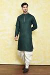Buy_Samyukta Singhania_Green Silk, Cotton Embroidery Thread Work Placket Kurta Set _at_Aza_Fashions