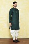 Samyukta Singhania_Green Silk, Cotton Embroidery Thread Work Placket Kurta Set _at_Aza_Fashions