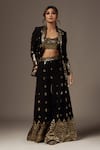 Buy_Gopi Vaid_Black Cotton Silk Embroidery Thread Blazer Shawl Collar Marrakesh Sharara Set_at_Aza_Fashions