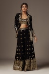 Shop_Gopi Vaid_Black Cotton Silk Embroidery Thread Blazer Shawl Collar Marrakesh Sharara Set_Online_at_Aza_Fashions