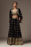 Gopi Vaid_Black Cotton Silk Embroidery Thread Blazer Shawl Collar Marrakesh Sharara Set_at_Aza_Fashions