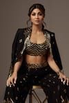 Shop_Gopi Vaid_Black Cotton Silk Embroidery Thread Blazer Shawl Collar Marrakesh Sharara Set_at_Aza_Fashions