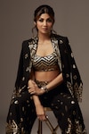 Gopi Vaid_Black Cotton Silk Embroidery Thread Blazer Shawl Collar Marrakesh Sharara Set_Online