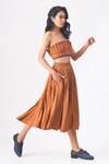 Buy_CROSS A LINE_Brown Spun Woven Cotton Linen Deborah Pleated Skirt  _at_Aza_Fashions