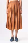 CROSS A LINE_Brown Spun Woven Cotton Linen Deborah Pleated Skirt  _Online_at_Aza_Fashions