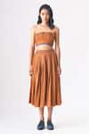 Buy_CROSS A LINE_Brown Spun Woven Cotton Linen Deborah Pleated Skirt  _Online_at_Aza_Fashions