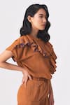 CROSS A LINE_Brown Spun Woven Twill Solid Dorothy Frilled Trim Shirt  _Online_at_Aza_Fashions