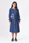 Buy_CROSS A LINE_Blue Spun Woven Cotton Linen Solid Round Kelly Dress  _at_Aza_Fashions