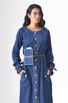 Shop_CROSS A LINE_Blue Spun Woven Cotton Linen Solid Round Kelly Dress  _Online_at_Aza_Fashions