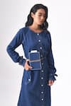 CROSS A LINE_Blue Spun Woven Cotton Linen Solid Round Kelly Dress  _at_Aza_Fashions