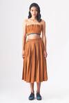 Buy_CROSS A LINE_Brown Spun Woven Cotton Linen Tess Pleated Crop Top With Skirt _at_Aza_Fashions