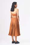 Shop_CROSS A LINE_Brown Spun Woven Cotton Linen Tess Pleated Crop Top With Skirt _at_Aza_Fashions