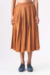 CROSS A LINE_Brown Spun Woven Cotton Linen Tess Pleated Crop Top With Skirt _Online_at_Aza_Fashions