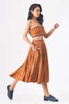 Buy_CROSS A LINE_Brown Spun Woven Cotton Linen Tess Pleated Crop Top With Skirt _Online_at_Aza_Fashions