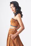 Shop_CROSS A LINE_Brown Spun Woven Cotton Linen Tess Pleated Crop Top With Skirt _Online_at_Aza_Fashions