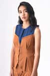 CROSS A LINE_Brown Spun Woven Cotton Linen Solid Tessie Box Pleat Top  _Online_at_Aza_Fashions