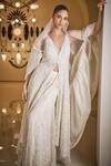 Shop_Seema Gujral_White Net Embroidery Sequins Deep V Neck Jacket Sharara Set  _at_Aza_Fashions