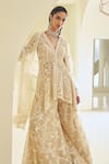 Shop_Seema Gujral_Beige Net Embroidered Sequin Paisley High-low Jacket Sharara Set _Online_at_Aza_Fashions