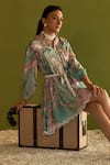 Sage Saga_Blue Modal Printed Floral Stand Collar Coco Cutwork Dress With Belt _at_Aza_Fashions