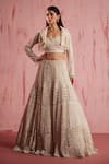 Buy_Roqa_Ivory Net Sequin Embroidery Crop Jacket Wide Collar Aiden Bloom Lehenga Set_at_Aza_Fashions